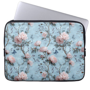 Vintage Spring Peonies on Blue Laptop Sleeve