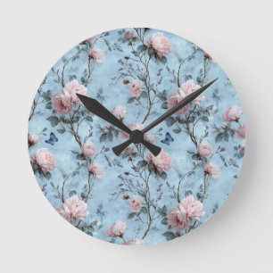 Vintage Spring Peonies on Blue Round Clock