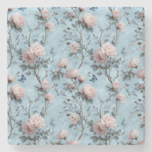 Vintage Spring Peonies on Blue Stone Coaster