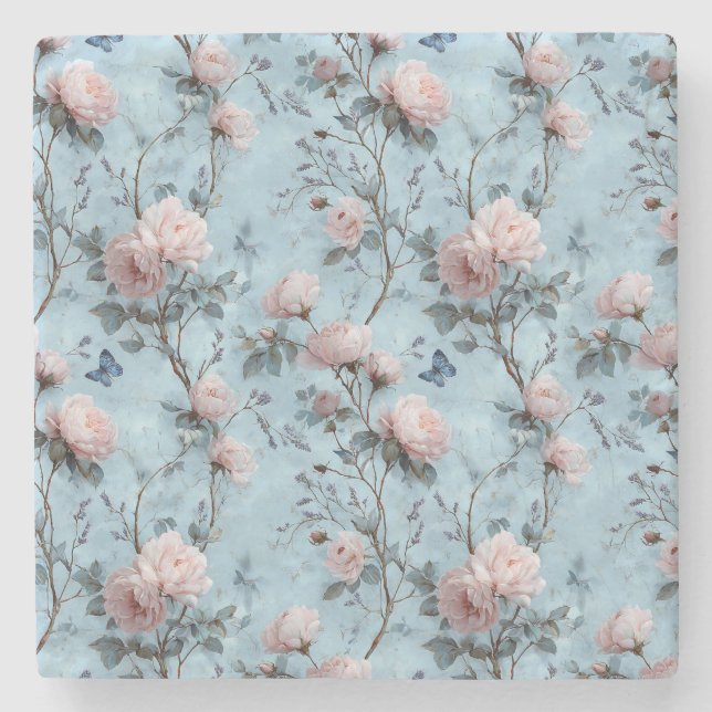 Vintage Spring Peonies on Blue Stone Coaster (Front)