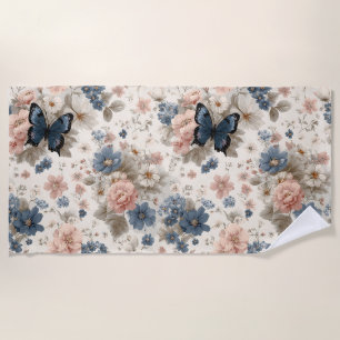 Vintage Spring Pink and Blue Florals & Butterfly Beach Towel