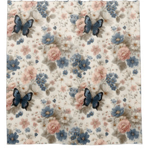 Vintage Spring Pink and Blue Florals & Butterfly Shower Curtain