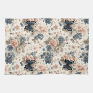 Vintage Spring Pink and Blue Florals & Butterfly Tea Towel