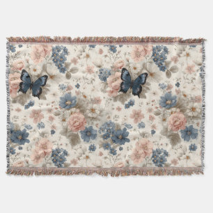 Vintage Spring Pink and Blue Florals & Butterfly Throw Blanket