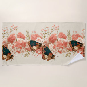 Vintage Spring Pink Flowers with Butterflies Beach Towel