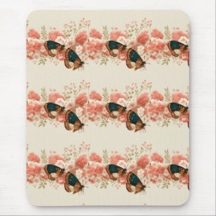 Vintage Spring Pink Flowers with Butterflies Mouse Mat