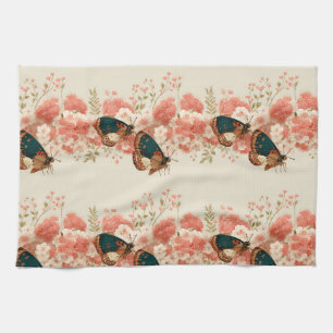 Vintage Spring Pink Flowers with Butterflies Tea Towel