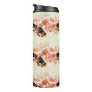 Vintage Spring Pink Flowers with Butterflies Thermal Tumbler