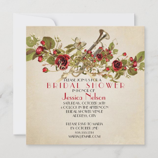 Vintage Spring Red Roses Music Bridal Shower Invitation (Front)