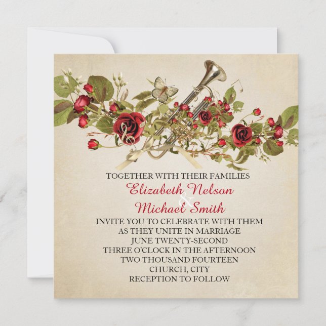 Vintage Spring Red Roses Music Wedding Invite (Front)