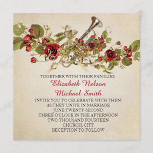 Vintage Spring Red Roses Music Wedding Invite