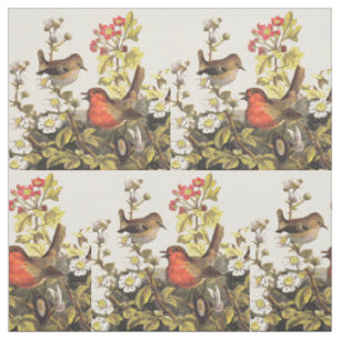 Vintage Spring Robin Songbirds Botanical Floral Fabric