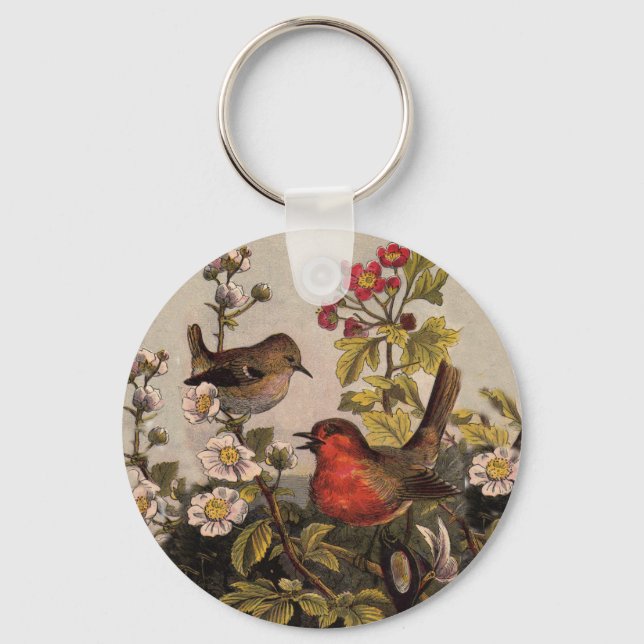 Vintage Spring Robin Songbirds Botanical Floral Key Ring (Front)