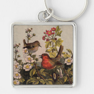 Vintage Spring Robin Songbirds Botanical Floral Key Ring
