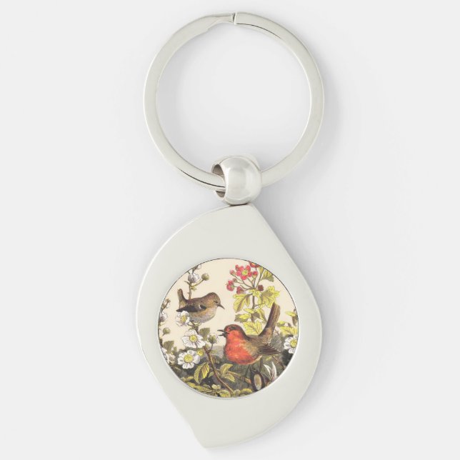 Vintage Spring Robin Songbirds Botanical Floral Key Ring (Front)