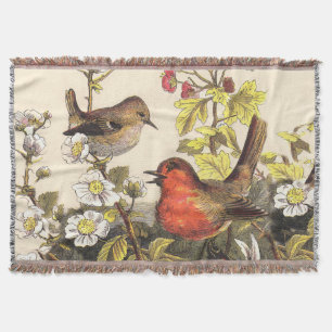 Vintage Spring Robin Songbirds Botanical Floral Throw Blanket