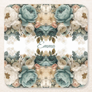 Vintage Spring Rose Garden Personalized Square Paper Coaster