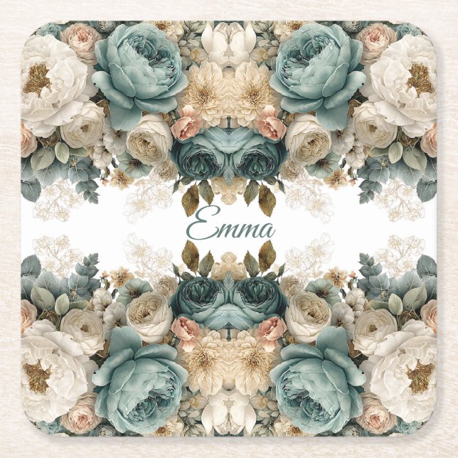 Vintage Spring Rose Garden Personalized Square Paper Coaster (Front)