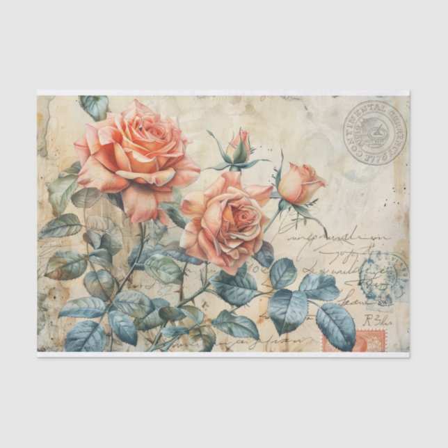 Vintage Spring Roses Postcard Decoupage Print Tissue Paper (Front)