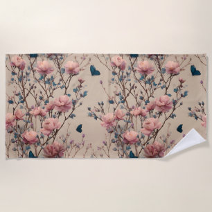 Vintage Spring Roses with Blue Butterflies Beach Towel