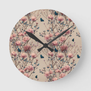Vintage Spring Roses with Blue Butterflies Round Clock