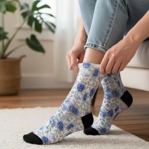 Vintage Spring Style Blue Floral Pattern Socks
