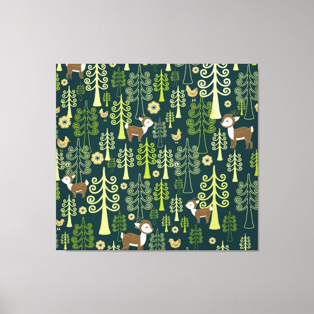 Vintage spruce trees, deer pattern. canvas print (Front)