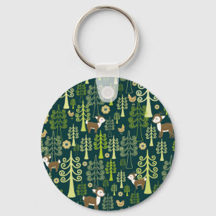 Vintage spruce trees, deer pattern. key ring