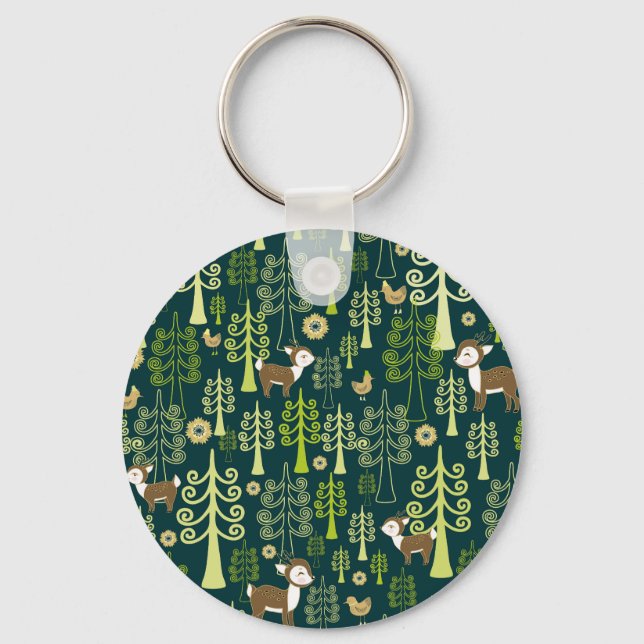 Vintage spruce trees, deer pattern. key ring (Front)