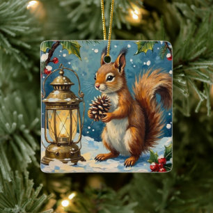 Vintage Squirrel with Christmas Lantern Winter Ceramic Ornament