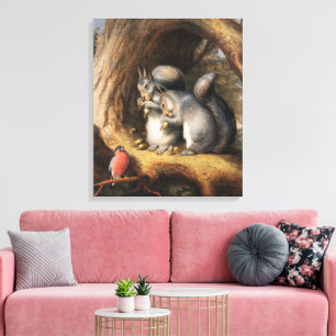 Vintage Squirrels and Bird Woodland Forest Art Canvas Print