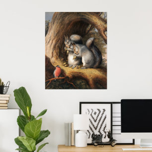 Vintage Squirrels and Bird Woodland Forest Art Poster