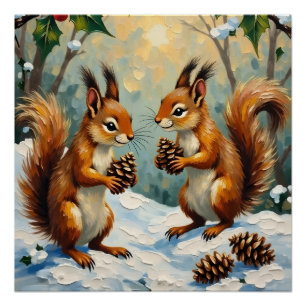 Vintage Squirrels Gathering Pinecones Christmas Poster
