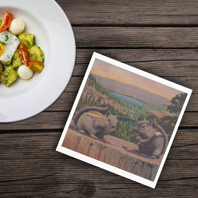 Vintage Squirrels Mountain Scene Napkin (Two little chipmunks on tree stump in woods by lake on napkins.)