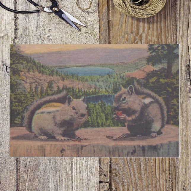 Vintage Squirrels Mountain Scene Tissue Paper (Two chipmunks sitting on tree stump against mountain setting on wrapping tissue paper.)