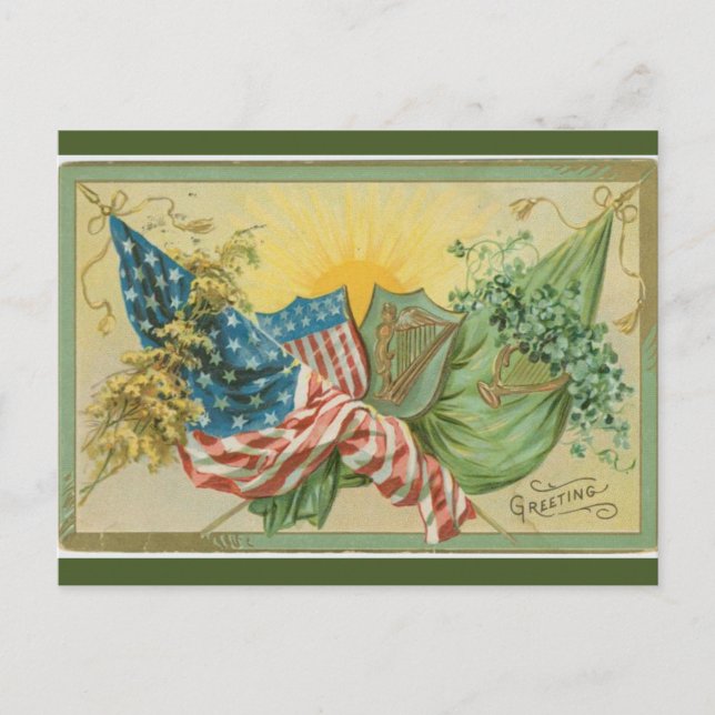 Vintage St Patrick's American Flag Shamrock Harp Postcard (Front)