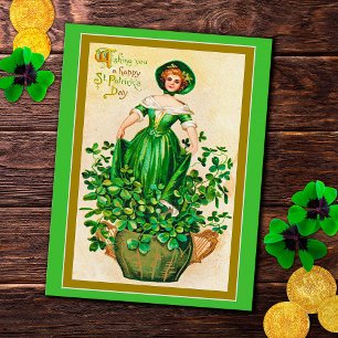Vintage St Patrick's Day Girl Green Dress Clovers Holiday Postcard