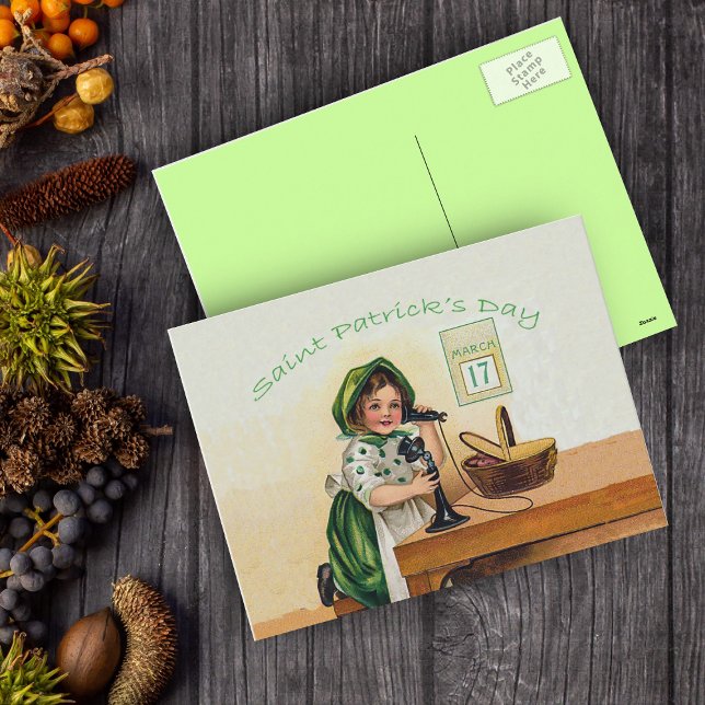 Vintage St. Patrick's Day Girl Postcard (Vintage little Irish Girl Saint Patrick's Day in green on old time telephone on postcard.)