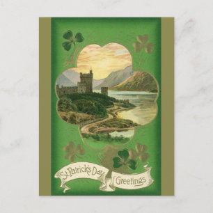Vintage St. Patricks Day Greetings Castle Shamrock Postcard