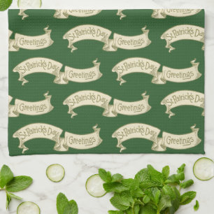 Vintage St. Patrick's Day Greetings Golden Banner Tea Towel