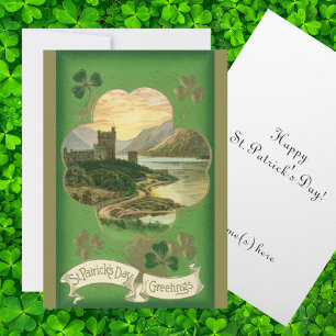 Vintage St. Patricks Day Greetings Shamrock Castle Card