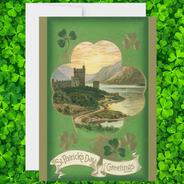 Vintage St. Patricks Day Greetings Shamrock Castle Card (Creator Uploaded)