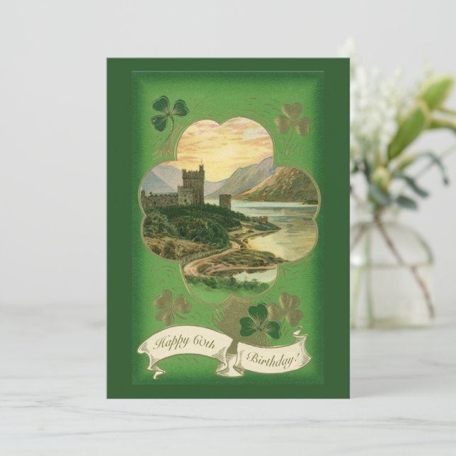 Vintage St. Patricks Day Greetings Shamrock Castle Card (Standing Front)