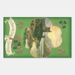 Vintage St. Patricks Day Greetings Shamrock Castle Rectangular Sticker