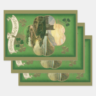 Vintage St. Patricks Day Greetings Shamrock Castle Wrapping Paper Sheet