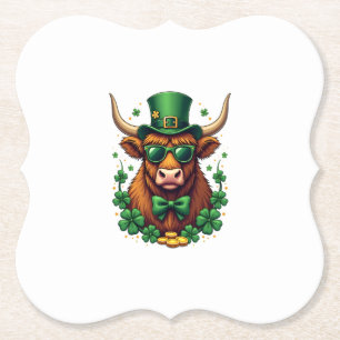 Vintage St. Patricks Day Highland Cow with Shamroc Paper Coaster