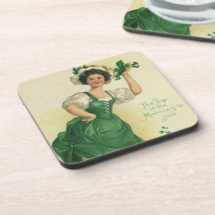 Vintage St. Patrick's Day Irish Lass with Clovers Coaster
