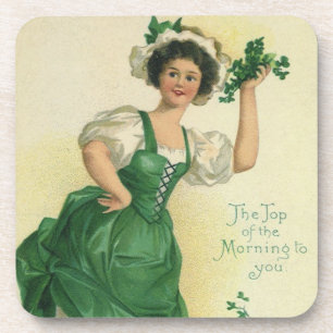Vintage St. Patrick's Day Irish Lass with Clovers Coaster