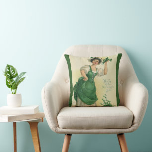 Vintage St. Patrick's Day Irish Lass with Clovers Cushion