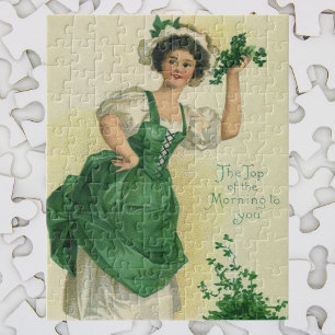 Vintage St. Patrick's Day Irish Lass with Clovers Jigsaw Puzzle